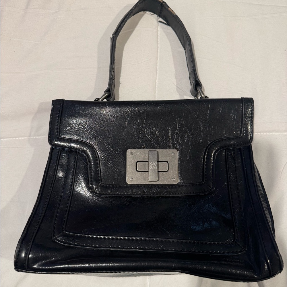 Black Leather Top-Handle Satchel with Silver Turn-Lock